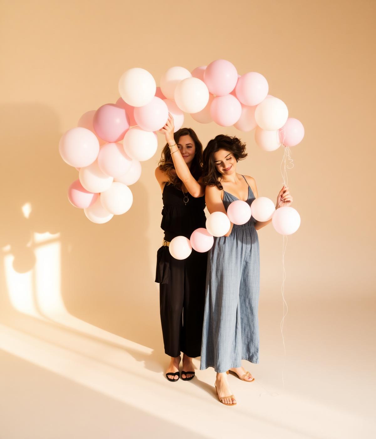 Two Xanadu Decor stylists arranging a pastel balloon garland