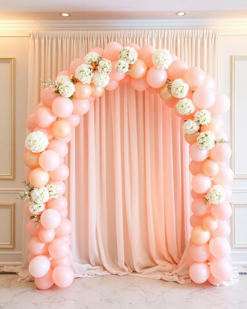 Blush and champagne balloon arch with white florals over a cream draped backdrop