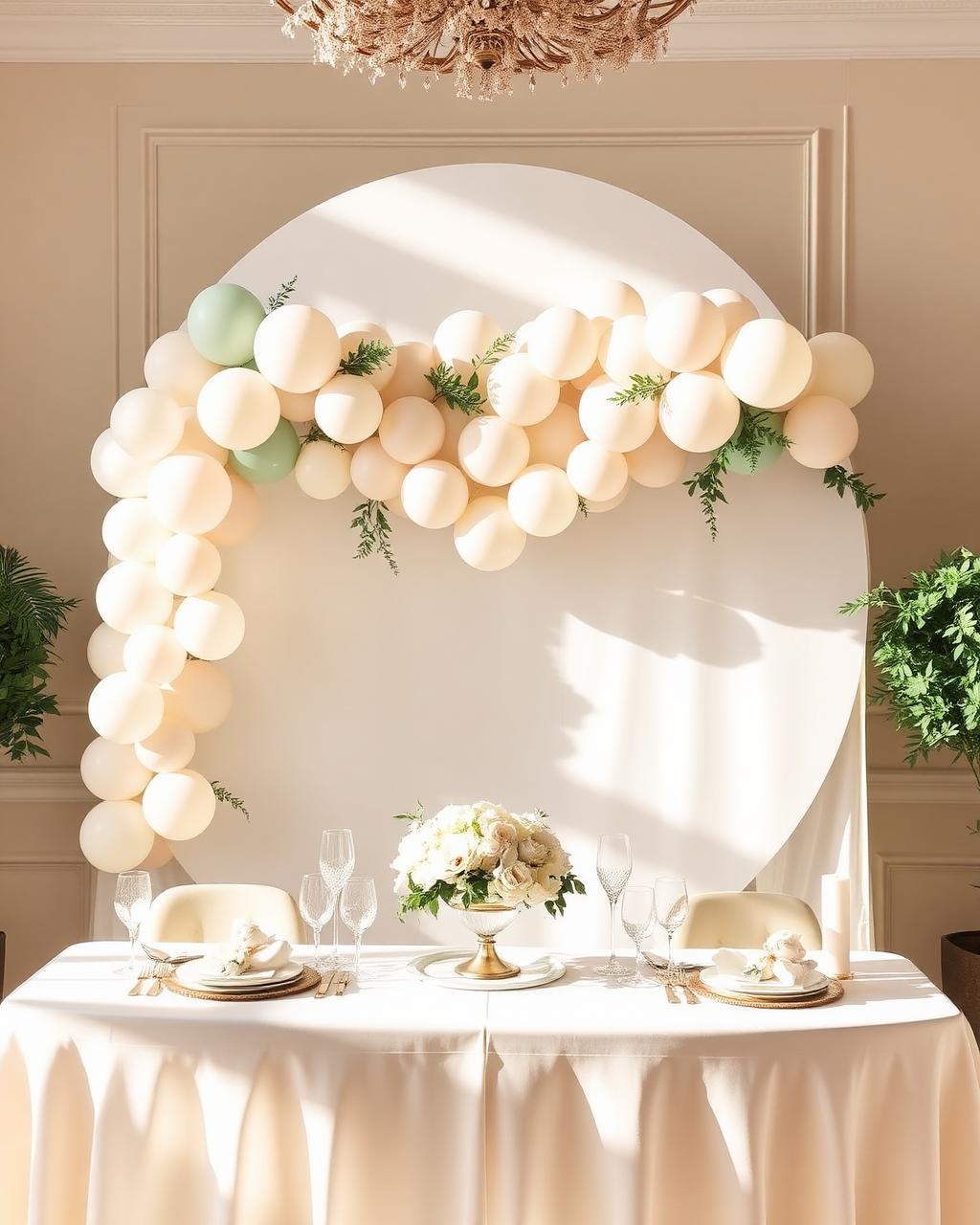 Neutral cream and sage balloon garland on a round backdrop above a styled table