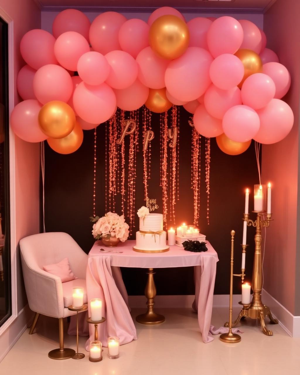 Birthday cake table framed by a pink and gold balloon cloud with candles