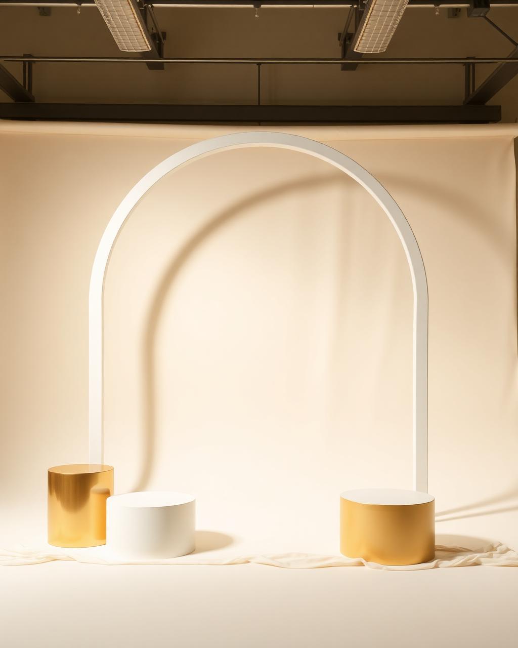 White circular arch frame with gold and white plinth pedestals in a studio
