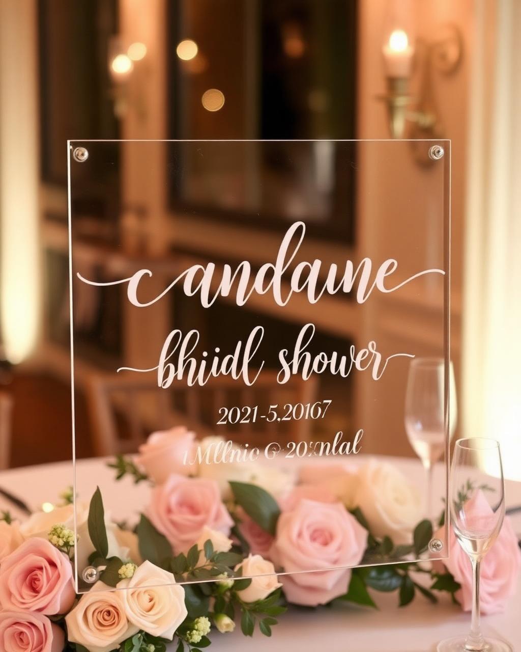 Personalised acrylic sign with white script vinyl lettering surrounded by roses