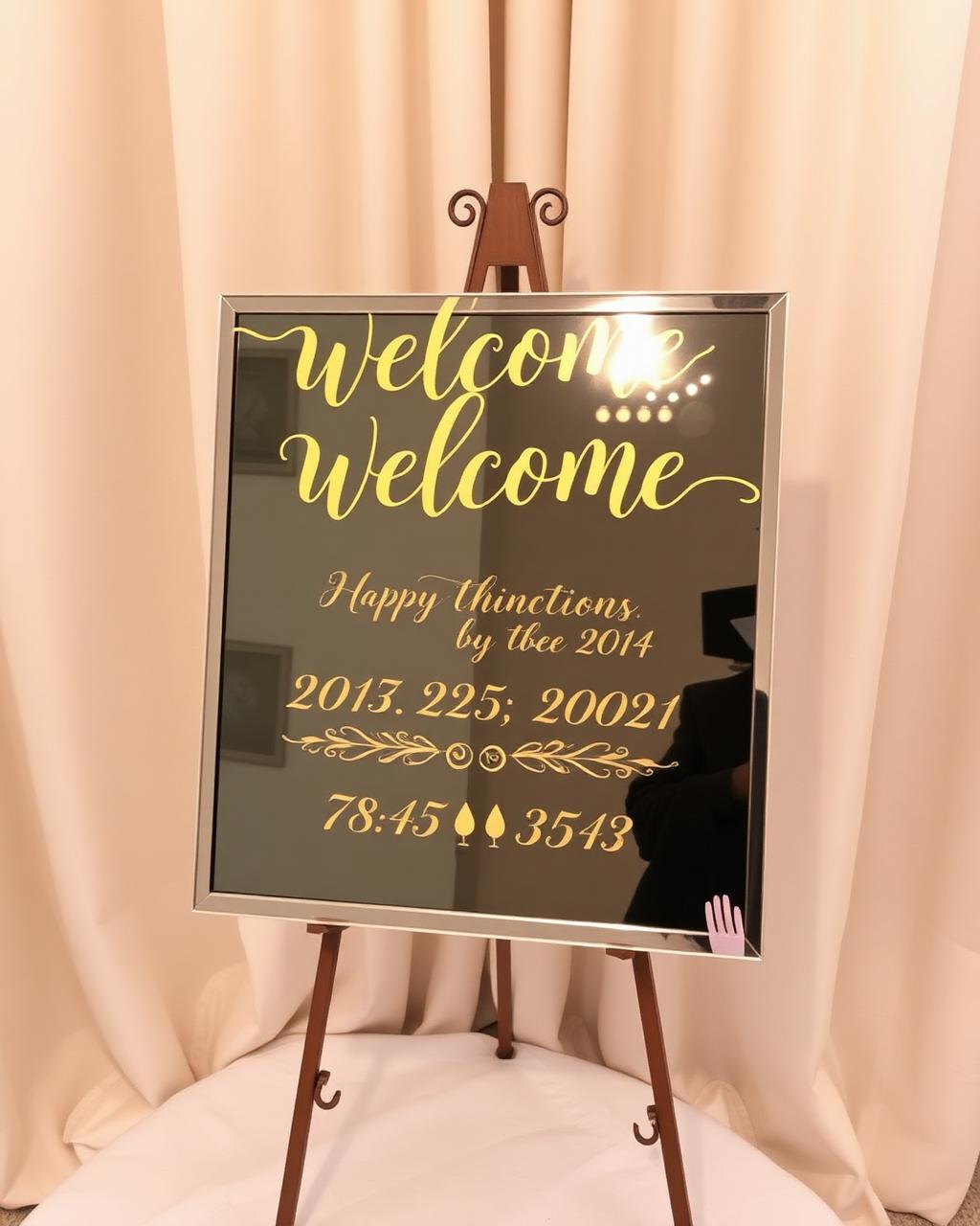 Mirror easel sign with gold script vinyl lettering against cream drapes
